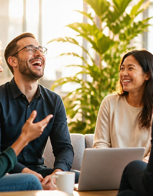 Colaboradores reunidos durante uma conversa no escritório.