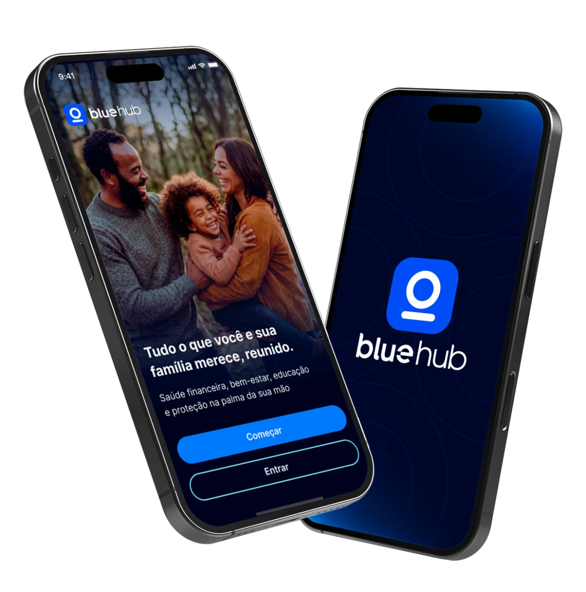 Mockup de dois celulares mostrando as telas do SuperApp Bluehub: boas-vindas com foto de família e tela de abertura com a marca Bluehub.